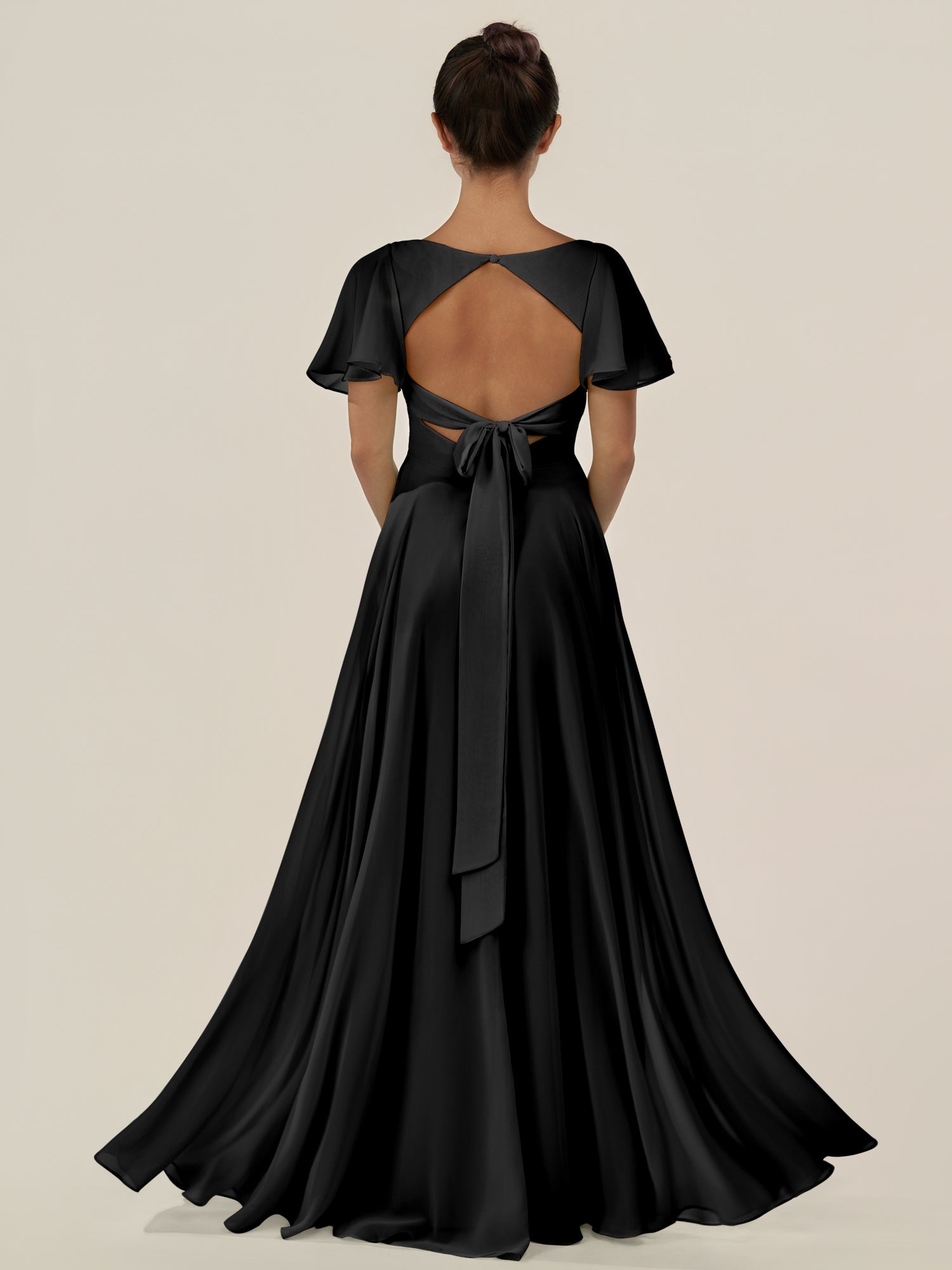 KissDress-Jania Black A Line Chiffon V Neck Long Bridesmaid Dress with Flutter Sleeves