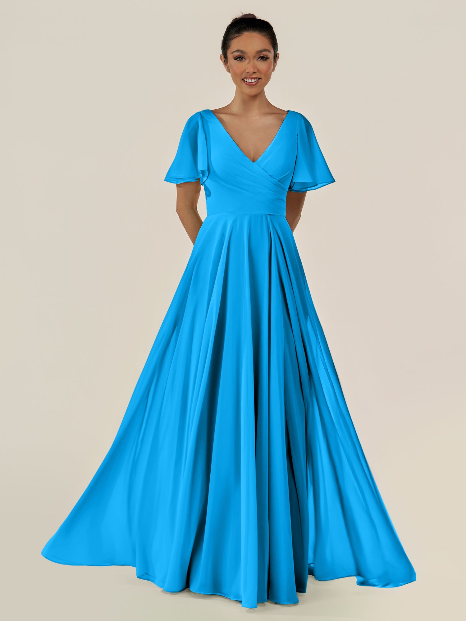 KissDress-Jania Blue Jay A Line Chiffon V Neck Long Bridesmaid Dress with Flutter Sleeves