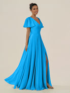 KissDress-Jania Blue Jay A Line Chiffon V Neck Long Bridesmaid Dress with Flutter Sleeves
