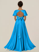 KissDress-Jania Blue Jay A Line Chiffon V Neck Long Bridesmaid Dress with Flutter Sleeves