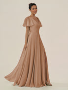 KissDress-Jania Bronzer A Line Chiffon V Neck Long Bridesmaid Dress with Flutter Sleeves