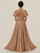 KissDress-Jania Bronzer A Line Chiffon V Neck Long Bridesmaid Dress with Flutter Sleeves