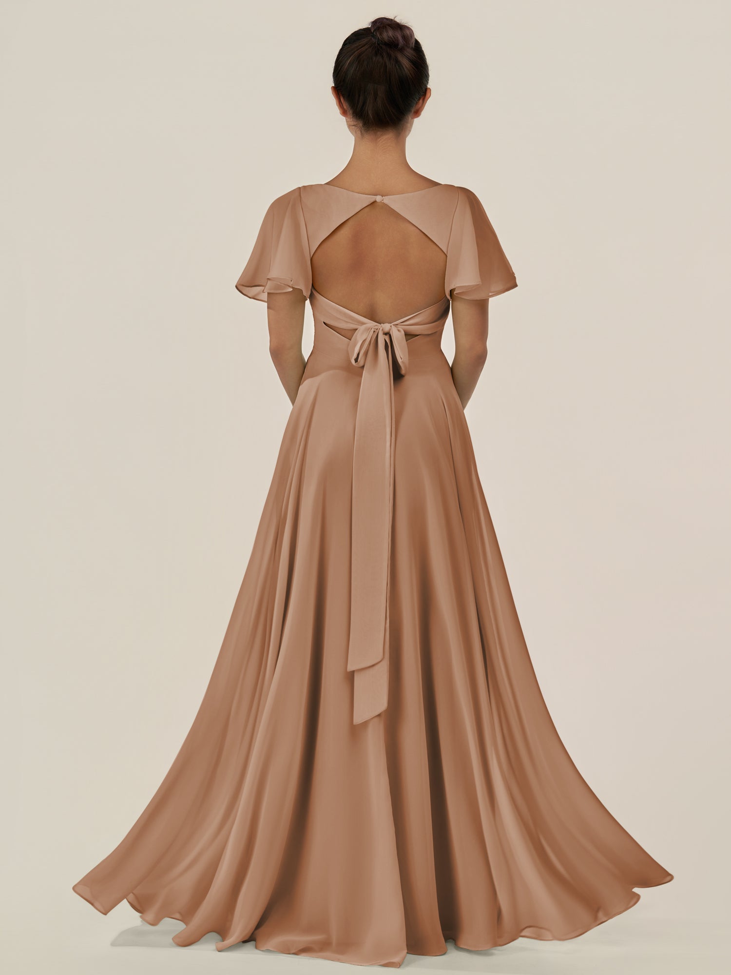KissDress-Jania Bronzer A Line Chiffon V Neck Long Bridesmaid Dress with Flutter Sleeves