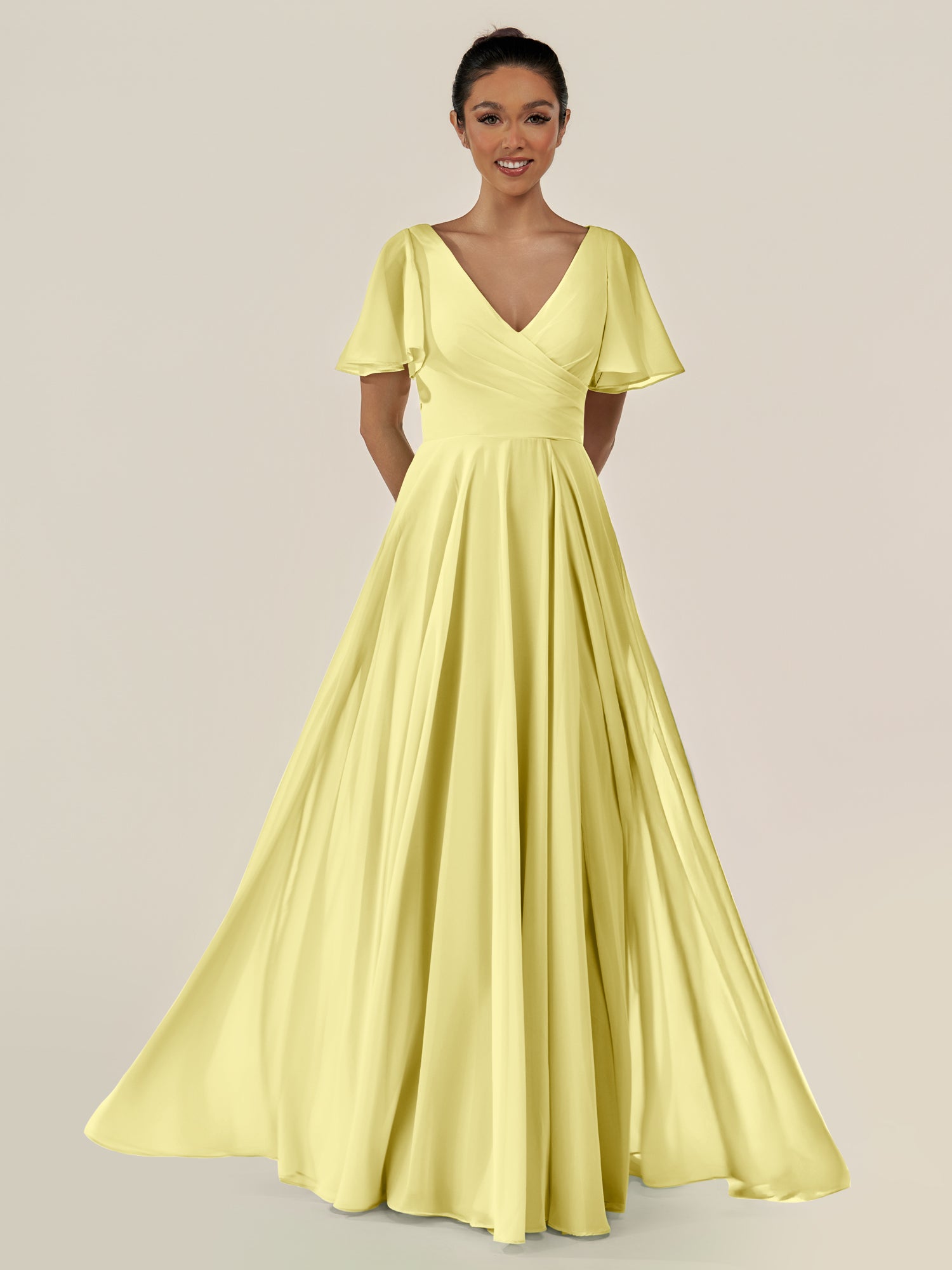 KissDress-Jania Buttercup A Line Chiffon V Neck Long Bridesmaid Dress with Flutter Sleeves