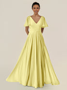 KissDress-Jania Buttercup A Line Chiffon V Neck Long Bridesmaid Dress with Flutter Sleeves
