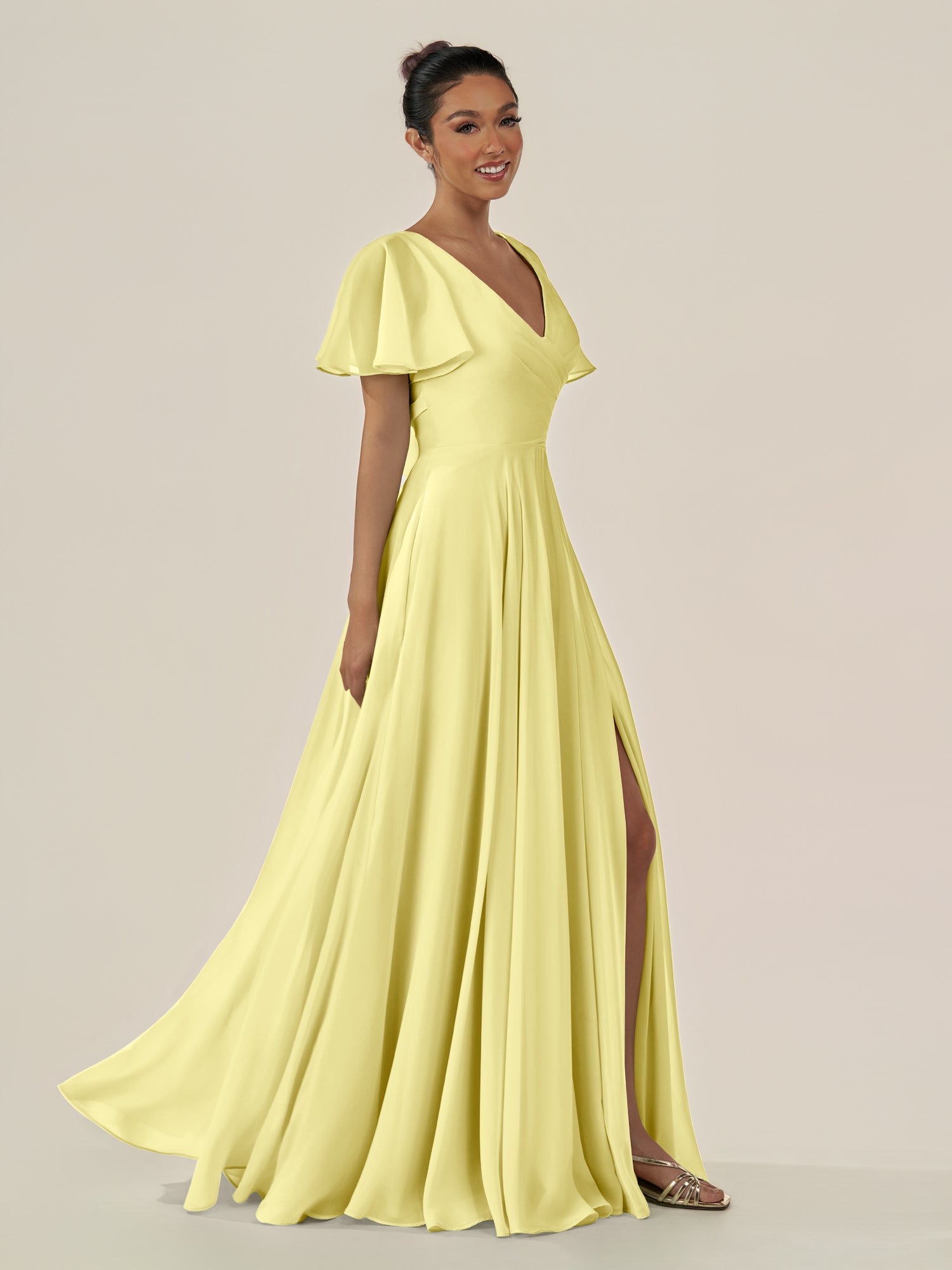 KissDress-Jania Buttercup A Line Chiffon V Neck Long Bridesmaid Dress with Flutter Sleeves