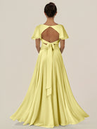 KissDress-Jania Buttercup A Line Chiffon V Neck Long Bridesmaid Dress with Flutter Sleeves