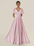 KissDress-Jania Candy Pink A Line Chiffon V Neck Long Bridesmaid Dress with Flutter Sleeves