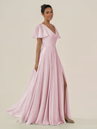 KissDress-Jania Candy Pink A Line Chiffon V Neck Long Bridesmaid Dress with Flutter Sleeves