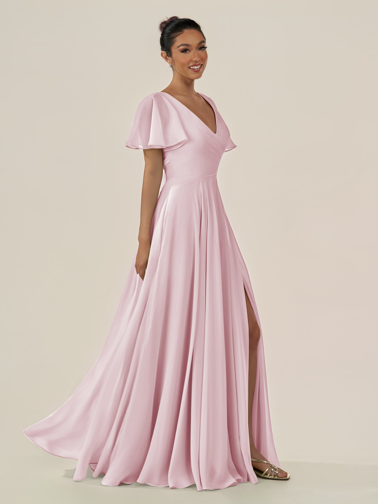 KissDress-Jania Candy Pink A Line Chiffon V Neck Long Bridesmaid Dress with Flutter Sleeves