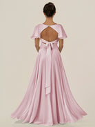KissDress-Jania Candy Pink A Line Chiffon V Neck Long Bridesmaid Dress with Flutter Sleeves
