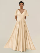 KissDress-Jania Champagne A Line Chiffon V Neck Long Bridesmaid Dress with Flutter Sleeves