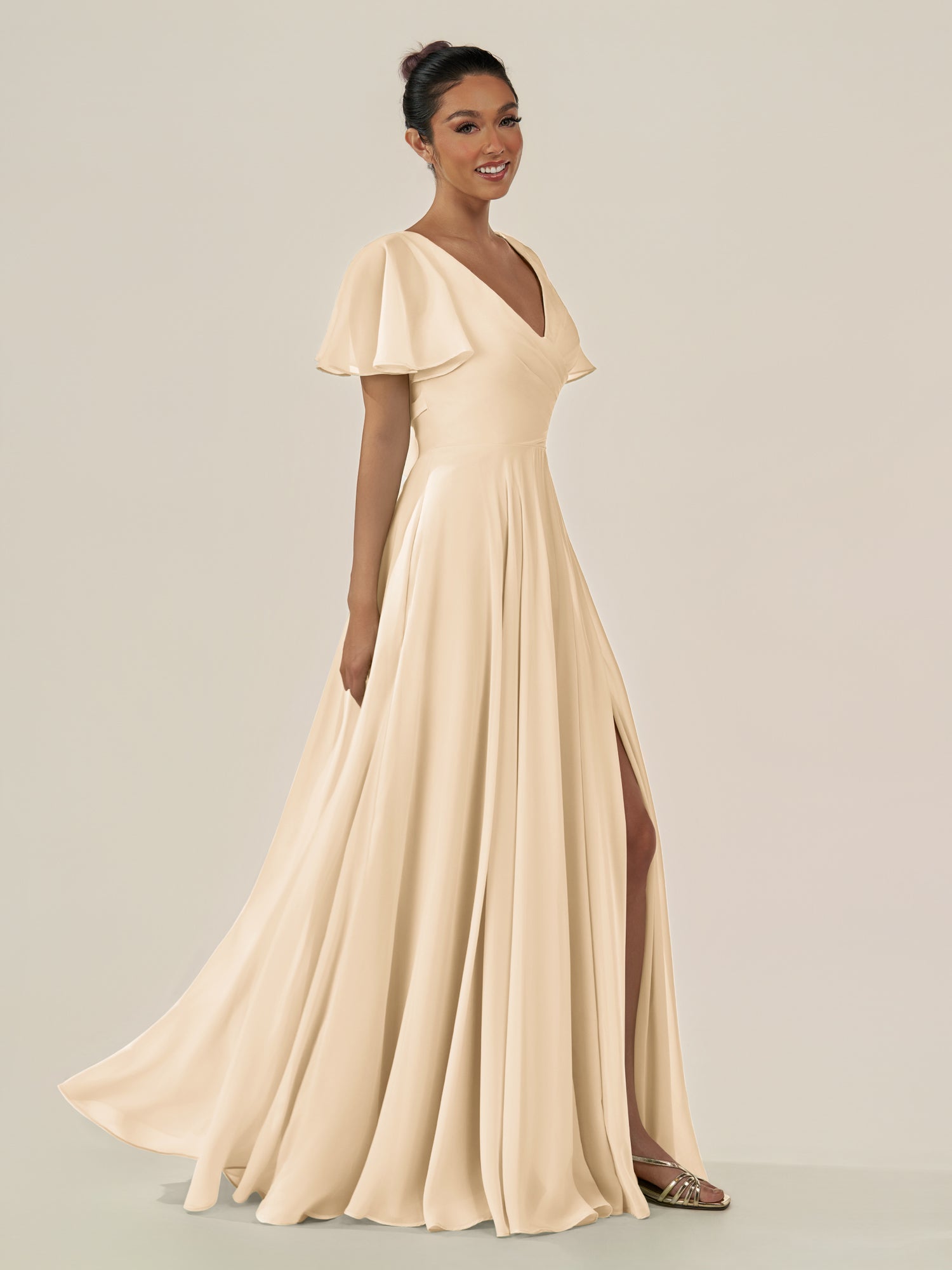 KissDress-Jania Champagne A Line Chiffon V Neck Long Bridesmaid Dress with Flutter Sleeves