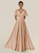 KissDress-Jania Champagne Rose A Line Chiffon V Neck Long Bridesmaid Dress with Flutter Sleeves