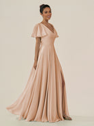 KissDress-Jania Champagne Rose A Line Chiffon V Neck Long Bridesmaid Dress with Flutter Sleeves