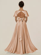 KissDress-Jania Champagne Rose A Line Chiffon V Neck Long Bridesmaid Dress with Flutter Sleeves