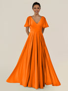 KissDress-Jania Cinnamon A Line Chiffon V Neck Long Bridesmaid Dress with Flutter Sleeves