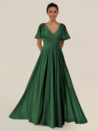 KissDress-Jania Dark Green A Line Chiffon V Neck Long Bridesmaid Dress with Flutter Sleeves