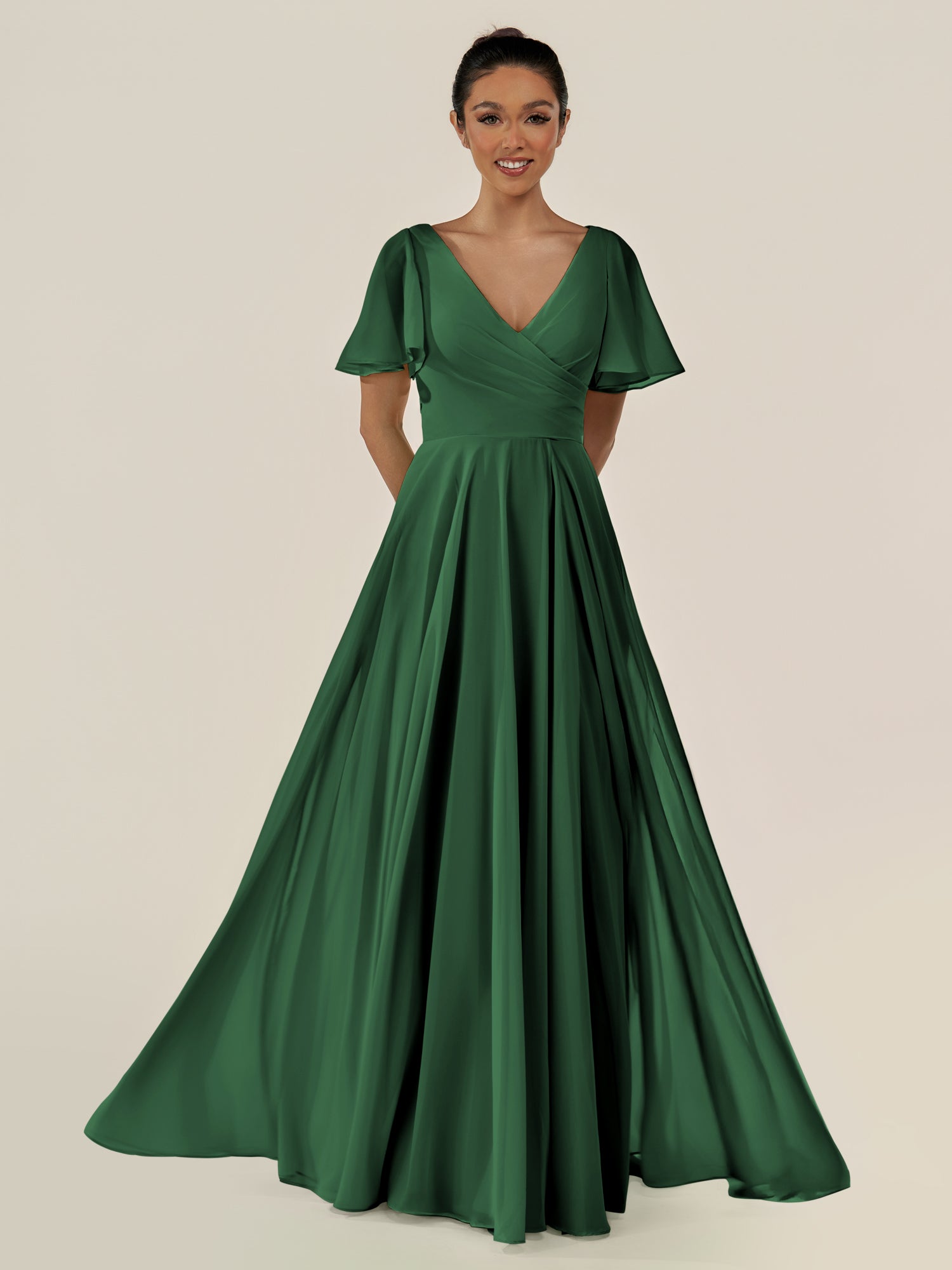 KissDress-Jania Dark Green A Line Chiffon V Neck Long Bridesmaid Dress with Flutter Sleeves
