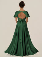 KissDress-Jania Dark Green A Line Chiffon V Neck Long Bridesmaid Dress with Flutter Sleeves
