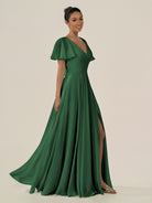 KissDress-Jania Dark Green A Line Chiffon V Neck Long Bridesmaid Dress with Flutter Sleeves