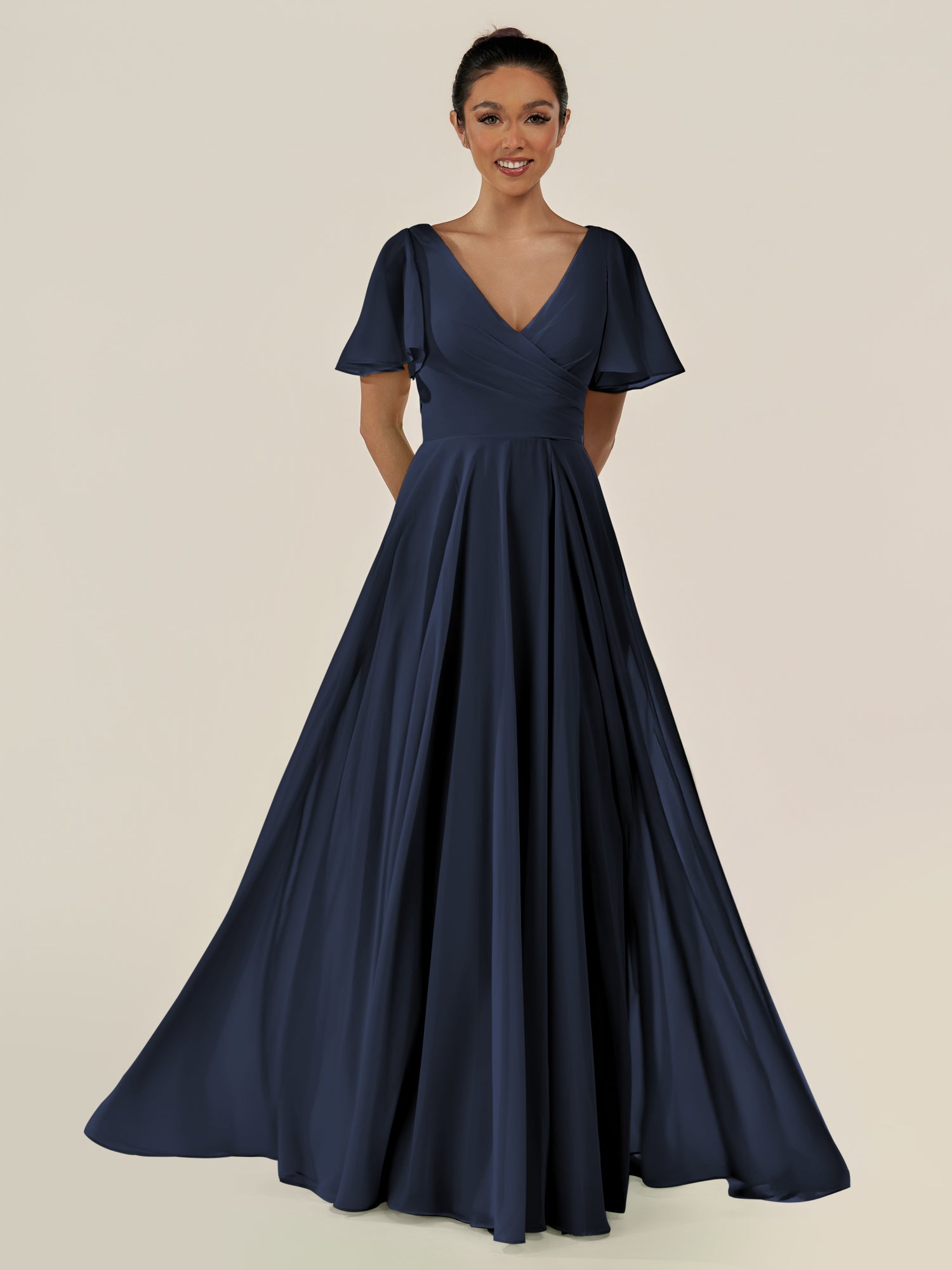 KissDress-Jania Dark Navy A Line Chiffon V Neck Long Bridesmaid Dress with Flutter Sleeves