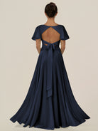 KissDress-Jania Dark Navy A Line Chiffon V Neck Long Bridesmaid Dress with Flutter Sleeves