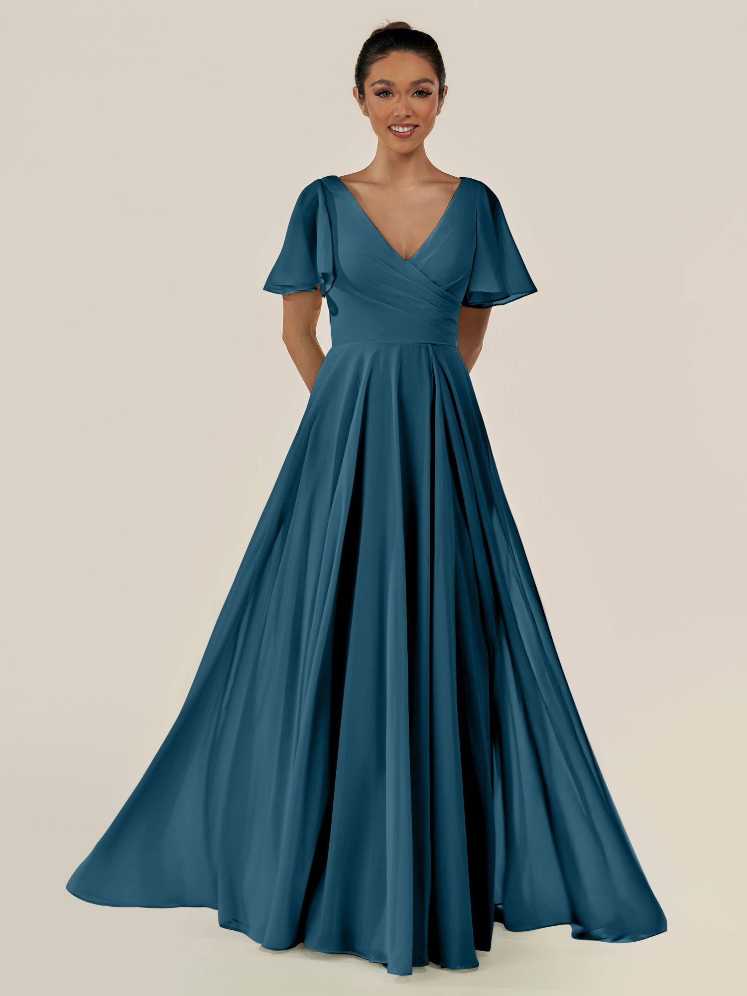 KissDress-Jania Dark Teal A Line Chiffon V Neck Long Bridesmaid Dress with Flutter Sleeves