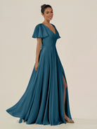 KissDress-Jania Dark Teal A Line Chiffon V Neck Long Bridesmaid Dress with Flutter Sleeves