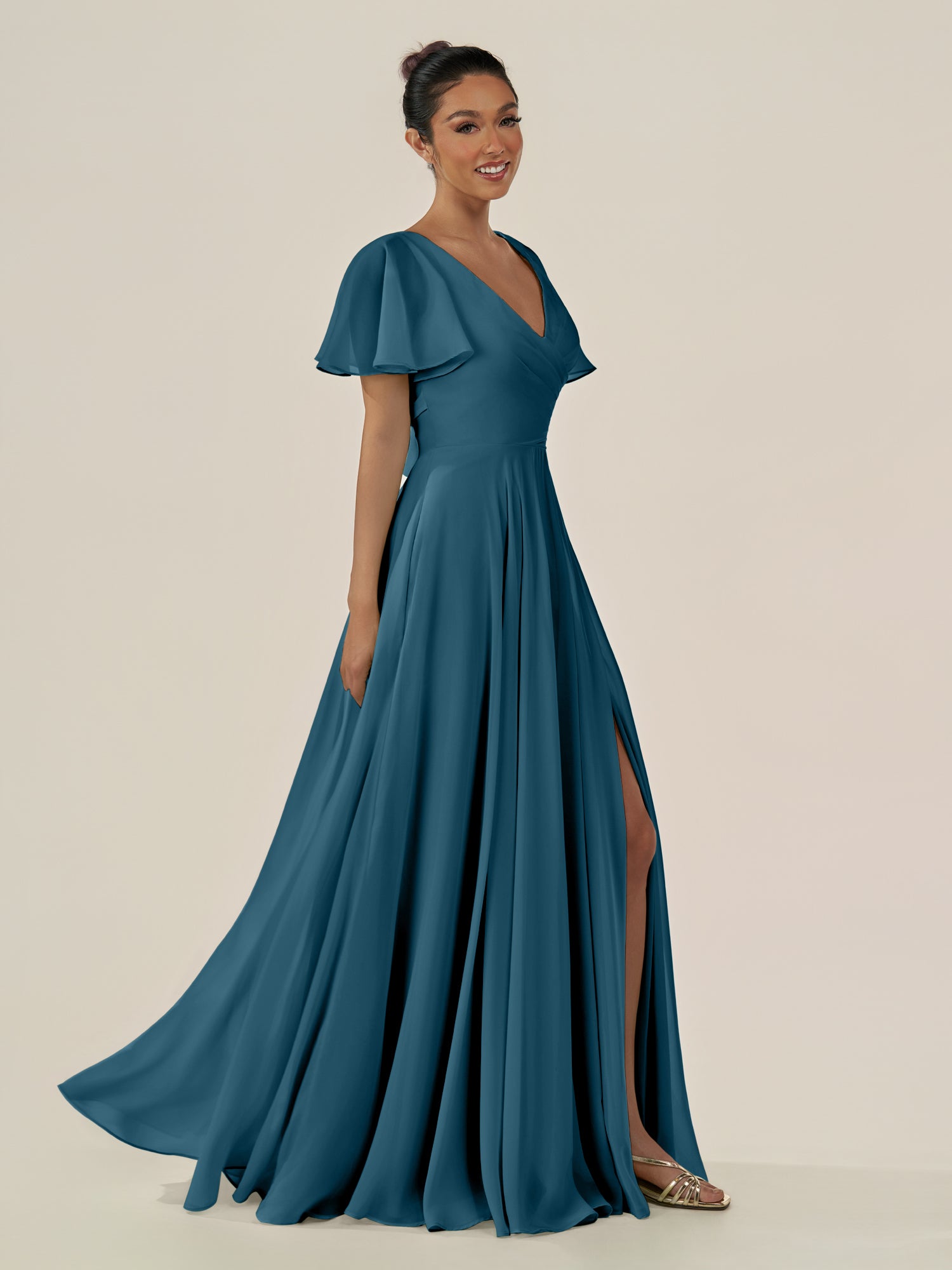 KissDress-Jania Dark Teal A Line Chiffon V Neck Long Bridesmaid Dress with Flutter Sleeves