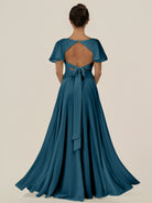 KissDress-Jania Dark Teal A Line Chiffon V Neck Long Bridesmaid Dress with Flutter Sleeves