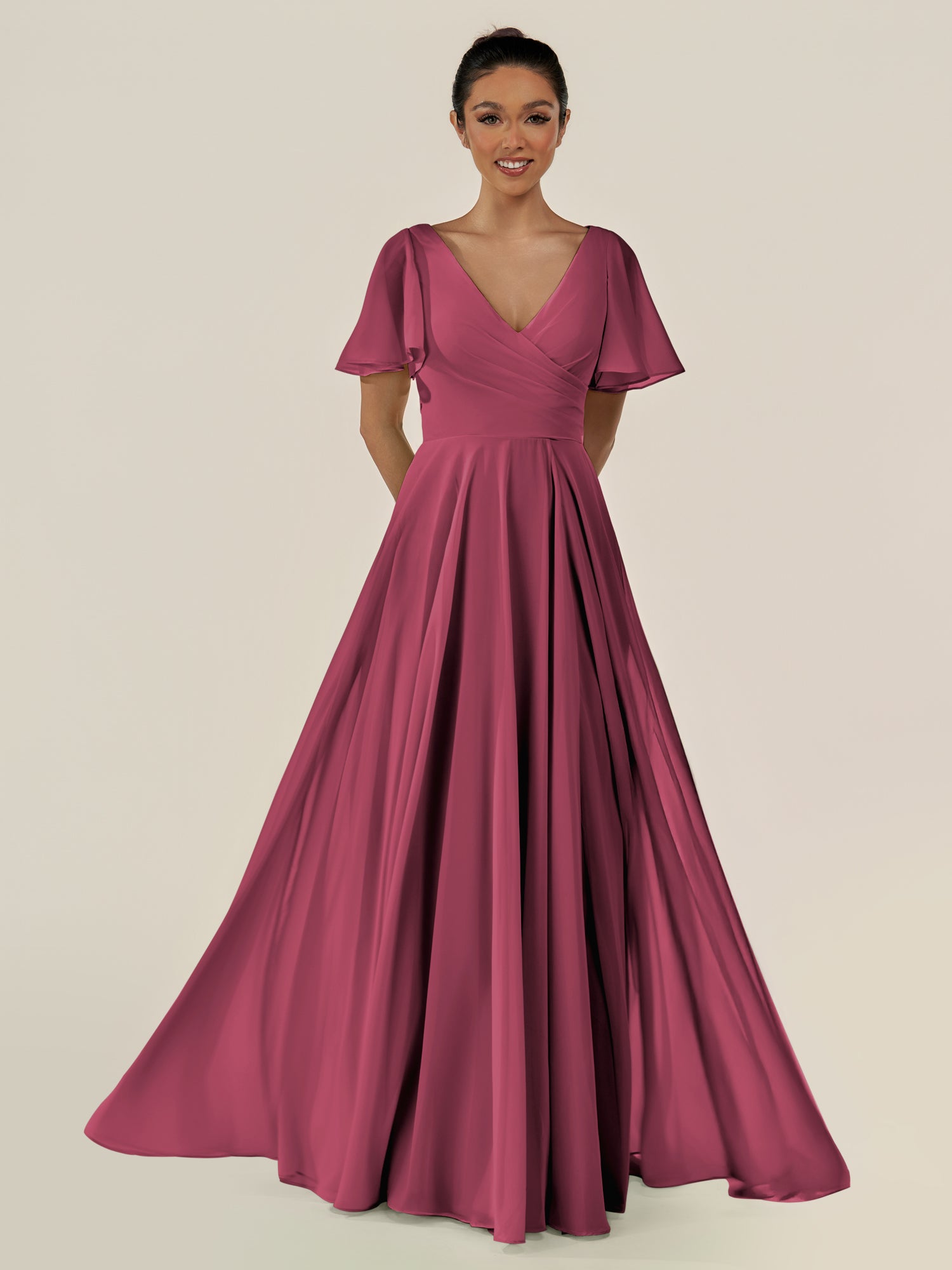 KissDress-Jania Desert Rose A Line Chiffon V Neck Long Bridesmaid Dress with Flutter Sleeves