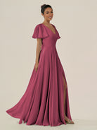 KissDress-Jania Desert Rose A Line Chiffon V Neck Long Bridesmaid Dress with Flutter Sleeves
