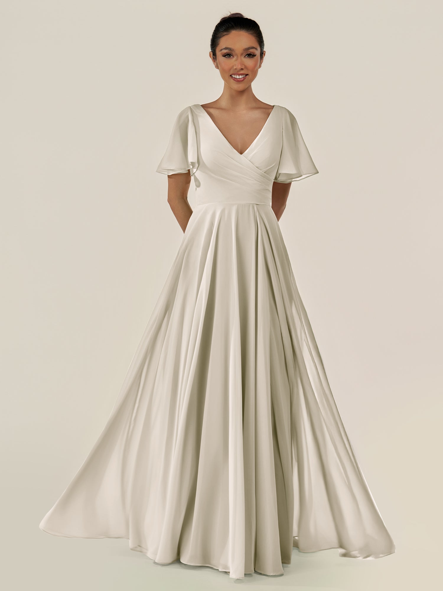 KissDress-Jania Dove Gray A Line Chiffon V Neck Long Bridesmaid Dress with Flutter Sleeves