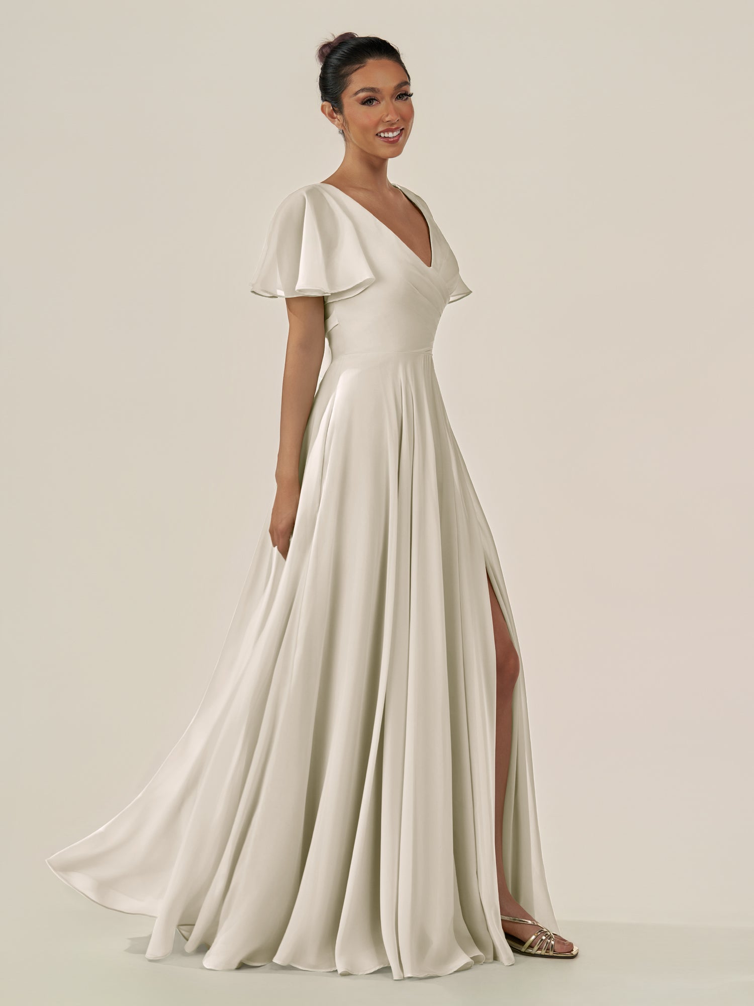 KissDress-Jania Dove Gray A Line Chiffon V Neck Long Bridesmaid Dress with Flutter Sleeves