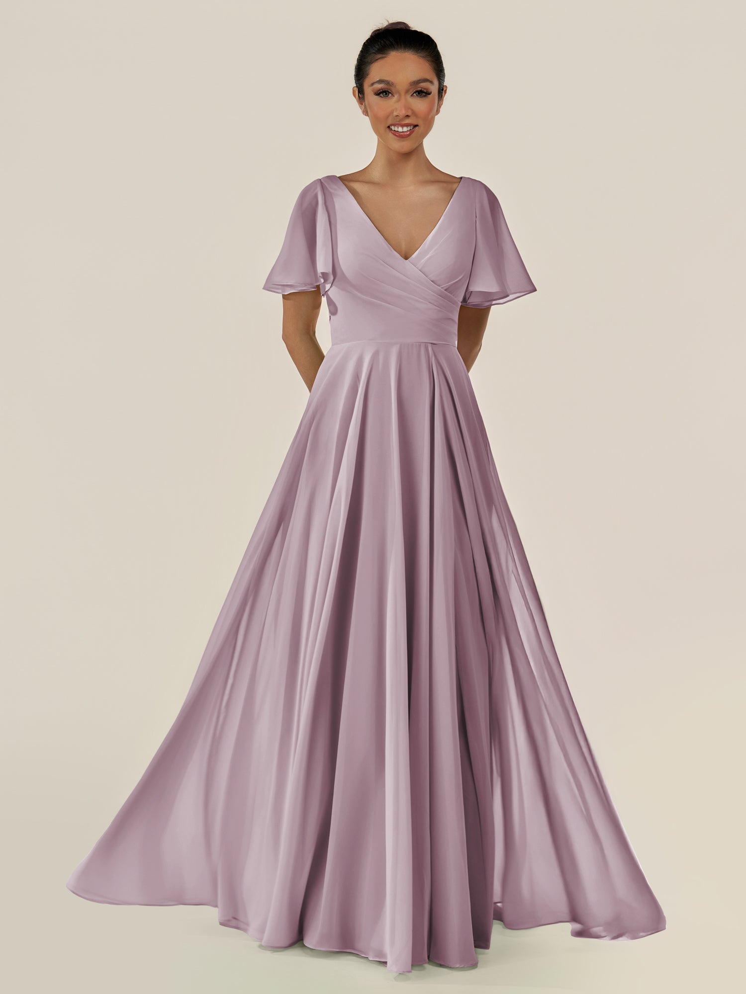 KissDress-Jania Dusk A Line Chiffon V Neck Long Bridesmaid Dress with Flutter Sleeves