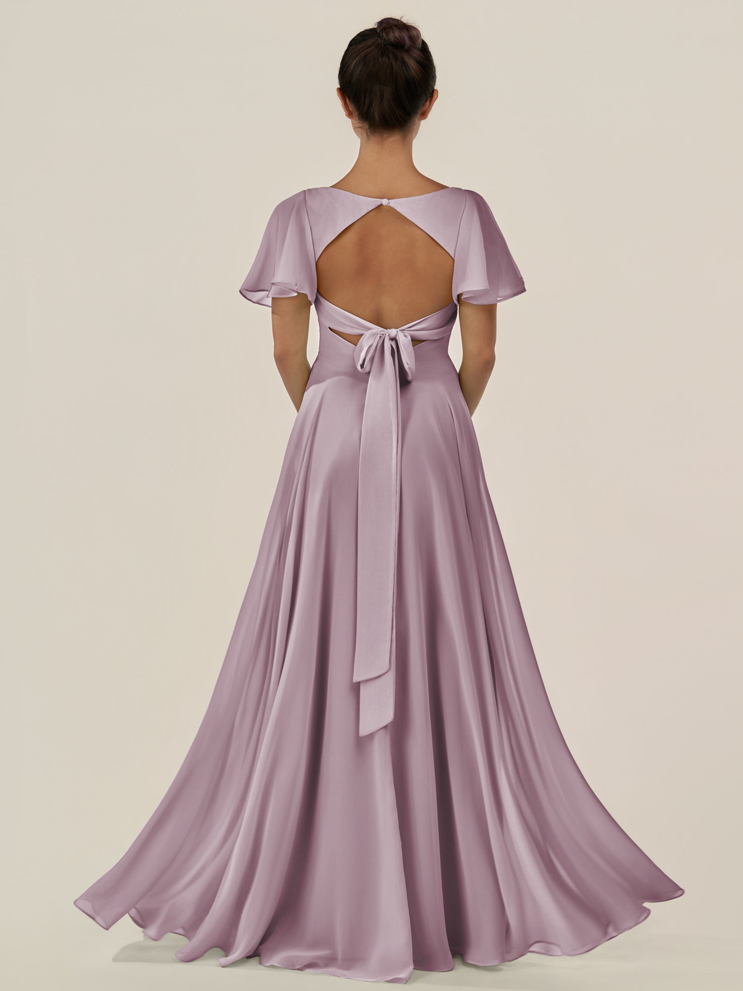 KissDress-Jania Dusk A Line Chiffon V Neck Long Bridesmaid Dress with Flutter Sleeves
