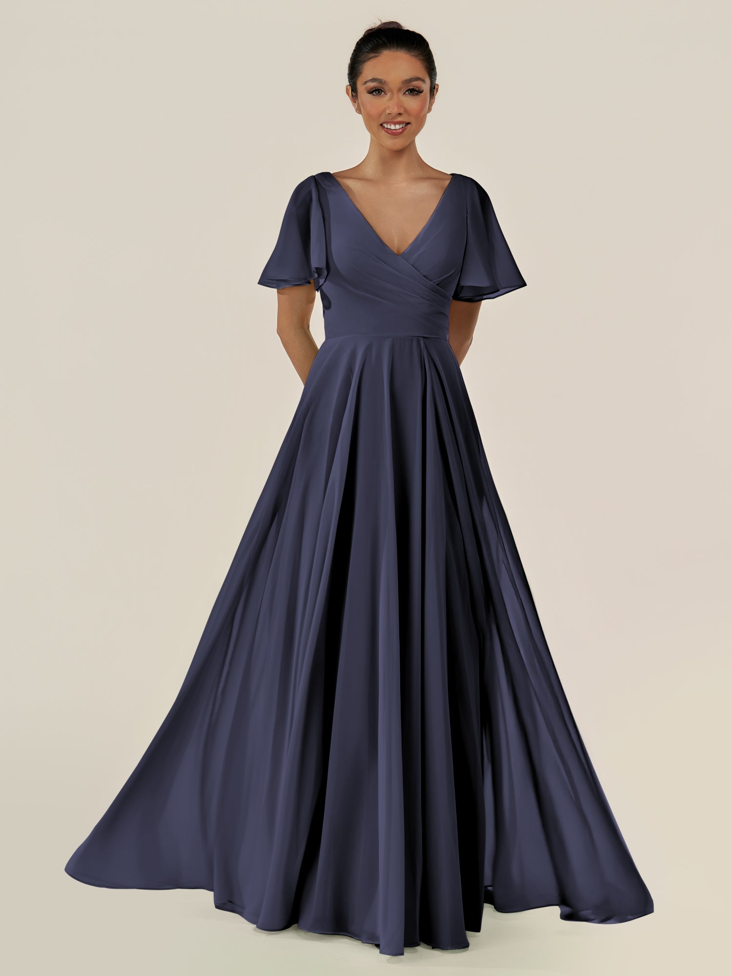 KissDress-Jania Dusk Blue A Line Chiffon V Neck Long Bridesmaid Dress with Flutter Sleeves