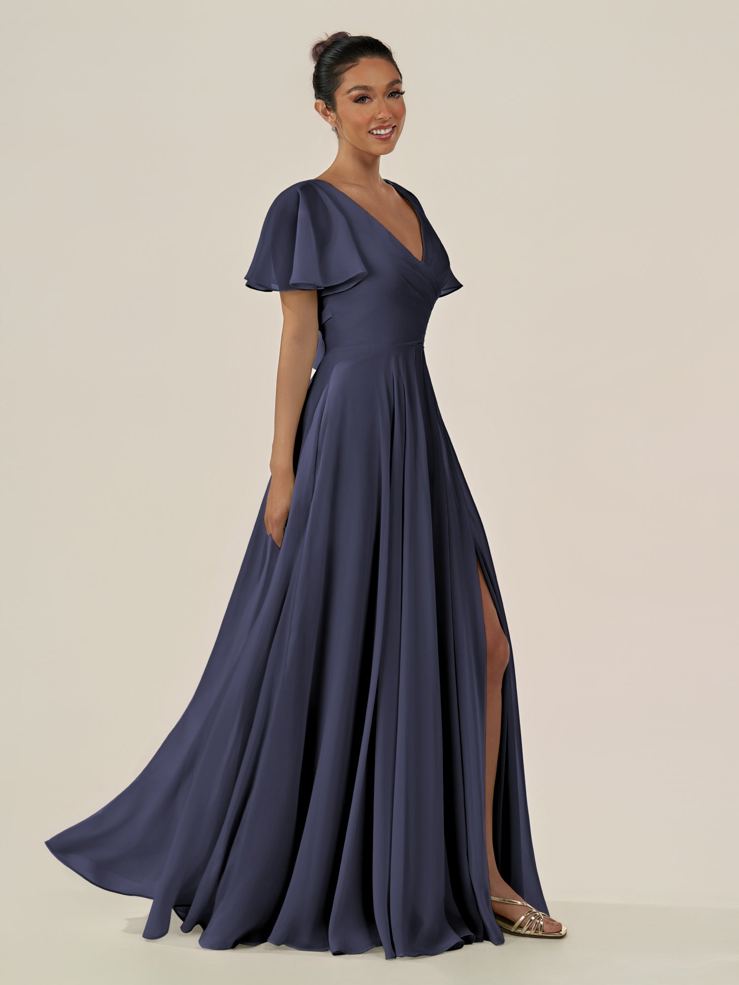 KissDress-Jania Dusk Blue A Line Chiffon V Neck Long Bridesmaid Dress with Flutter Sleeves