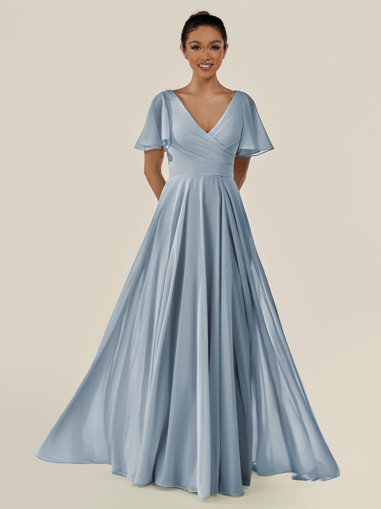 KissDress-Jania Dusty Blue A Line Chiffon V Neck Long Bridesmaid Dress with Flutter Sleeves