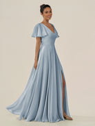 KissDress-Jania Dusty Blue A Line Chiffon V Neck Long Bridesmaid Dress with Flutter Sleeves