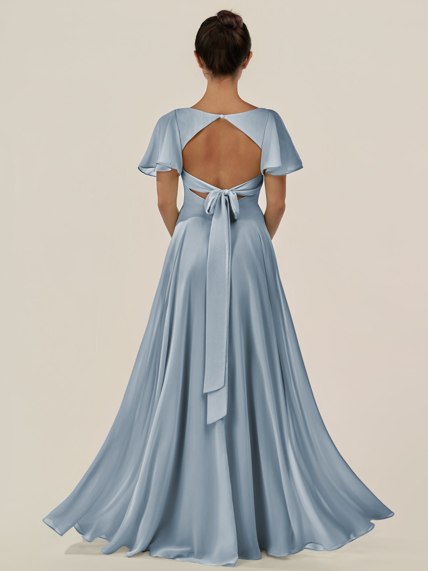 KissDress-Jania Dusty Blue A Line Chiffon V Neck Long Bridesmaid Dress with Flutter Sleeves