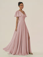 KissDress-Jania Dusty Rose A Line Chiffon V Neck Long Bridesmaid Dress with Flutter Sleeves