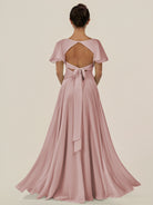 KissDress-Jania Dusty Rose A Line Chiffon V Neck Long Bridesmaid Dress with Flutter Sleeves