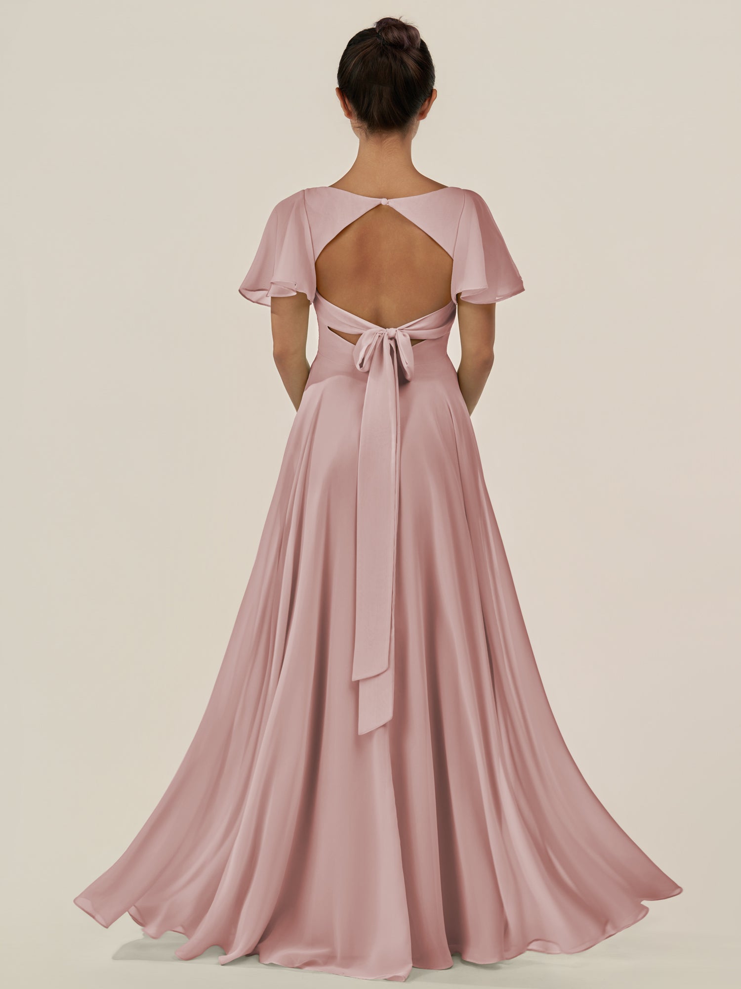 KissDress-Jania Dusty Rose A Line Chiffon V Neck Long Bridesmaid Dress with Flutter Sleeves
