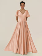 KissDress-Jania English Rose A Line Chiffon V Neck Long Bridesmaid Dress with Flutter Sleeves