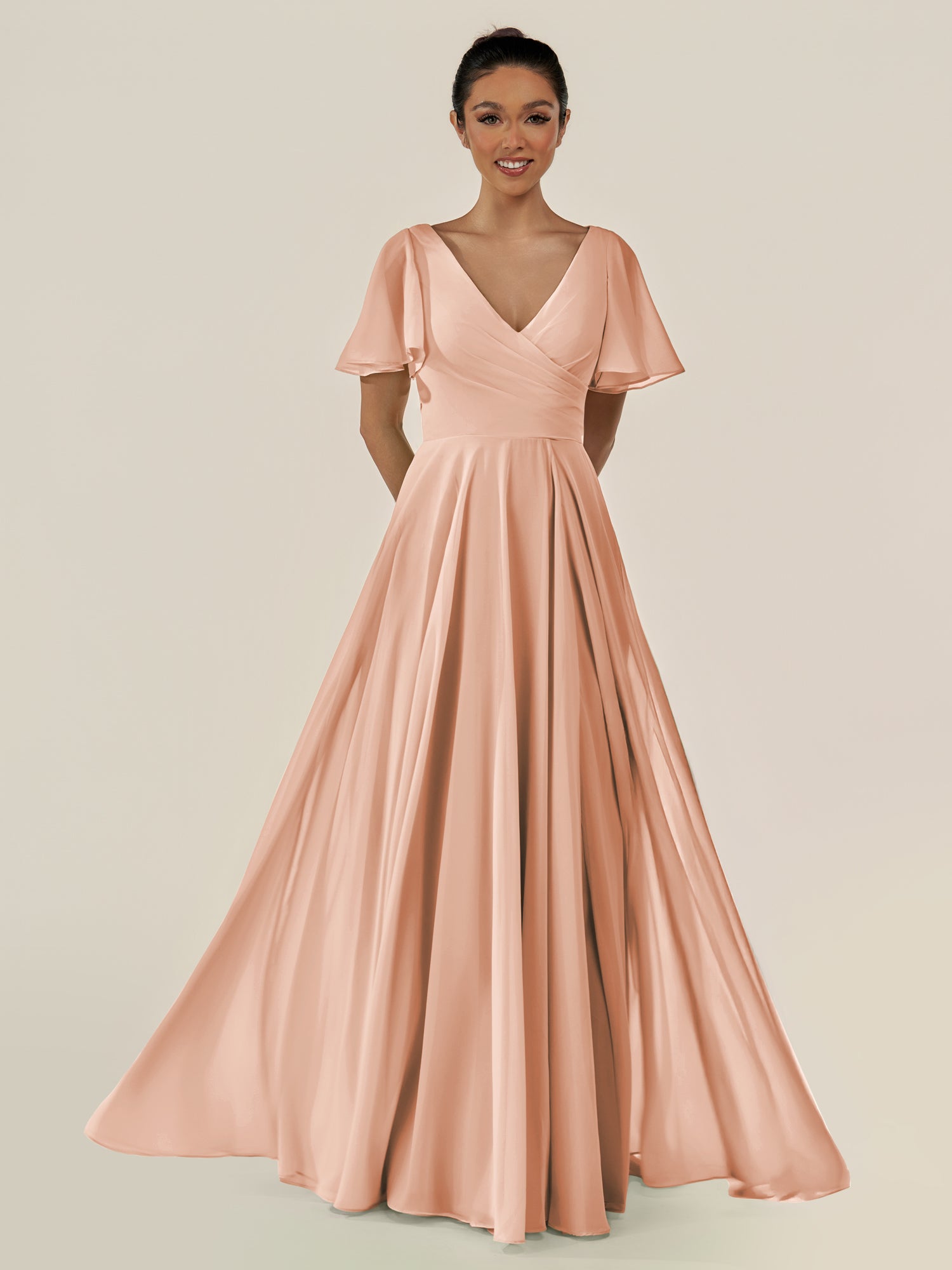 KissDress-Jania English Rose A Line Chiffon V Neck Long Bridesmaid Dress with Flutter Sleeves