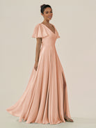 KissDress-Jania English Rose A Line Chiffon V Neck Long Bridesmaid Dress with Flutter Sleeves