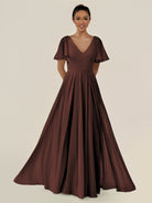 KissDress-Jania Espresso A Line Chiffon V Neck Long Bridesmaid Dress with Flutter Sleeves