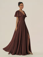 KissDress-Jania Espresso A Line Chiffon V Neck Long Bridesmaid Dress with Flutter Sleeves